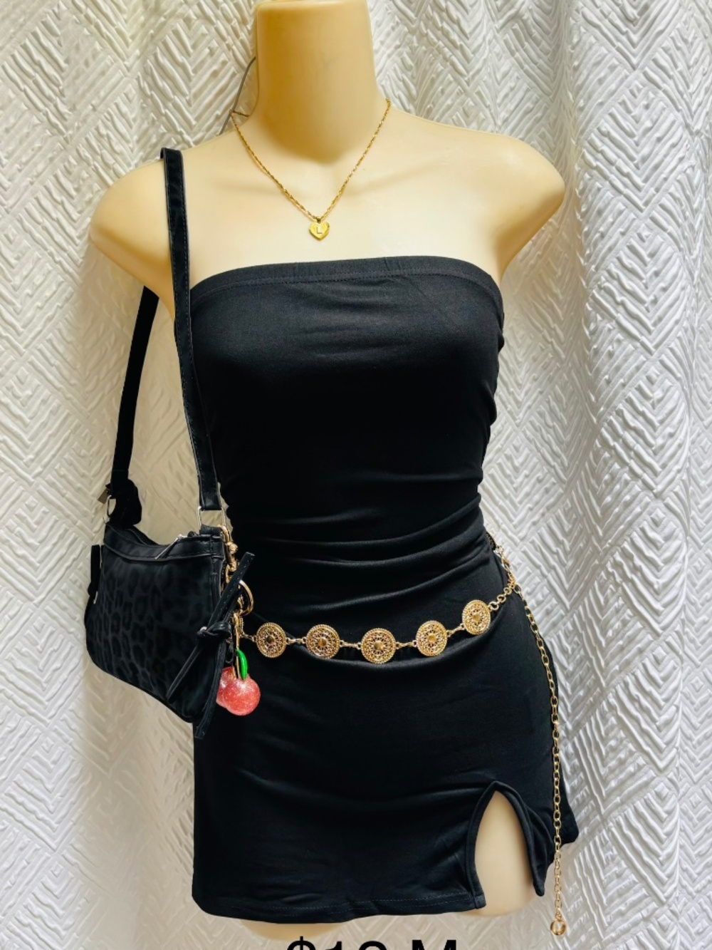 Black clubbing strapless mini dress with slit on leg